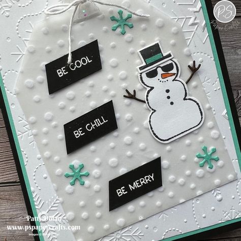 DIY handmade Christmas Card featuring the Snowman Magic and Penguin Place Stamp Sets from Stampin' Up! I made this for a sketch challenge and added lots of texture by embossing with the Wintry 3D Embossing Folder, adding a tag made with a piece of Snowflake Specialty Vellum and heat embossing the sentiment. Stampin Up Snowflake Specialty Vellum, Snowman Magic Stampin Up Cards, Wintry 3d Embossing Folder, Stampin Up Snowman Magic, Vellum Cards, Swap Ideas, Heat Embossing, Holiday 2022, Handmade Christmas Card