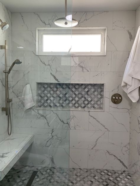 Large Rectangular Tile Shower Ideas, Waterfall Tile Shower Design Accent Wall, Large Porcelain Shower Tiles, Niche In Shower Wall, Marble Tile Shower, Bathroom Cubby, Custom Showers, White Marble Shower, Marble Shower Walls