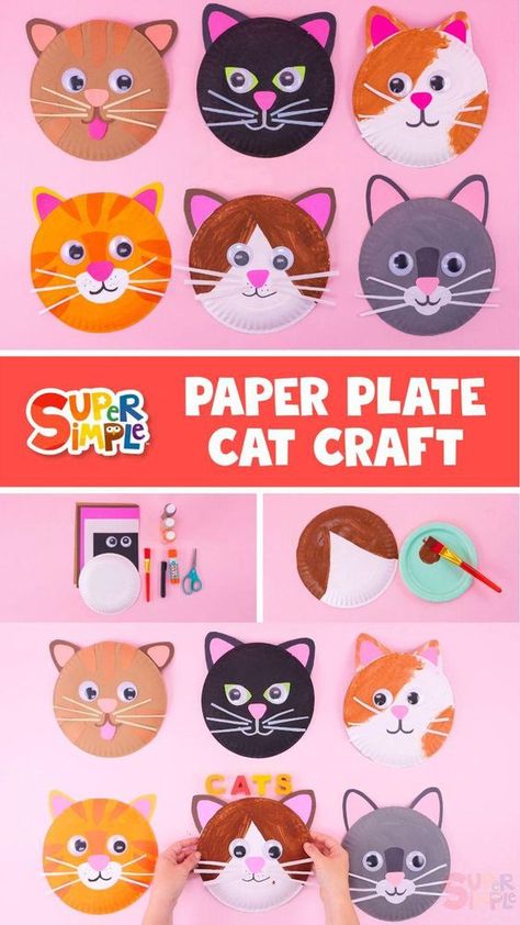 Cat Crafts Kids, Paper Plate Cat, Cat Crafts Preschool, Cat Diy Crafts, Paper Plate Animals, Dog Craft, Paper Plate Crafts For Kids, Art Activities For Toddlers, Preschool Art Activities