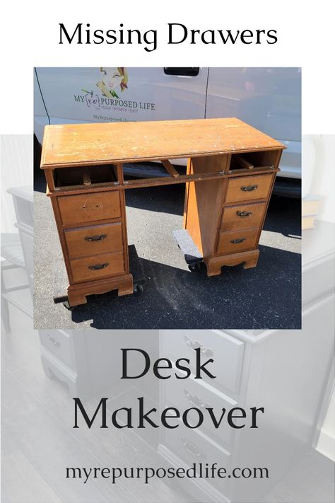 How to makeover a vintage desk with missing drawers. Tips for adding shelves, peek a boo drawers and more. A small desk is perfect for any room in the house. #MyRepurposedLife #desk #makeover #upcycle #missingdrawers #allinonepaint via @repurposedlife Old Desk Repurpose, Repurposed Desk Ideas, Vintage Desk Makeover, Small Vintage Desk, Refurbished Desk, Repurposed Desk, Drawer Ideas, Thrift Store Decor, Old Desks