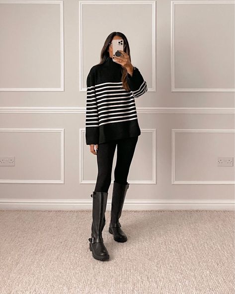 Vintage Straight High Jeans, Jumper Outfit Winter, Perfume Styling, Jumper Dress Outfit, Jumper Outfits, Outfit Links, Stripe Jumper, Black Leggings Outfit, Turtleneck Outfit