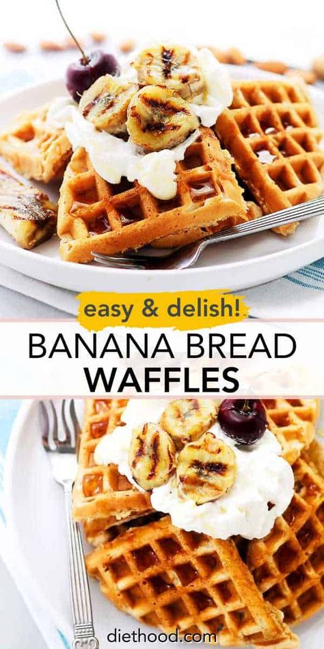 Banana Bread Waffles (Fluffy Homemade Waffles!) Banana Waffles Recipe, Banana Bread Waffles, Banana Waffle Recipe, Diethood Recipes, Oatmeal Waffles, Superfood Breakfast, Banana Waffles, Wakey Wakey, Homemade Waffles