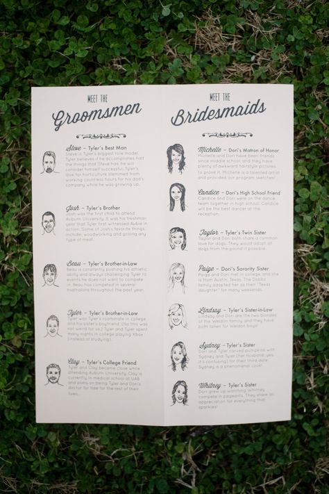 Illustrated "meet the bridal party" poster. Sarah Tate Designs. Photography: Brandon Gresham- Simple Color - simple-color.com  Read More: http://www.stylemepretty.com/2014/05/21/modern-stone-bridge-farm-wedding/ Wedding Reception Food, Wedding Ceremony Programs, Wedding Countdown, Wedding Party Invites, Alabama Weddings, Ceremony Programs, Program Ideas, Bridesmaids And Groomsmen, Wedding Program