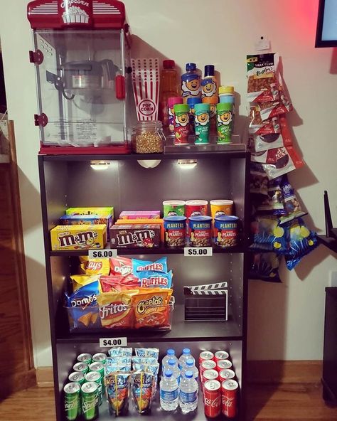 Movie Room Snack Bar, Movie Room Snack Bar Ideas, Movie Snack Bar, Movie Theater Snack Bar, Room Snack Bar, Cinema Room Ideas, Movie Room Diy, Cinema Living Room, Cinema Room Decor