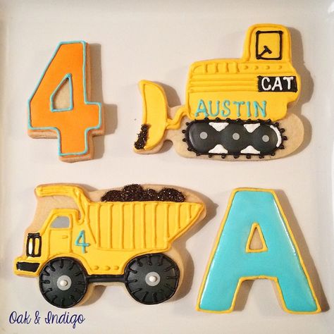 Construction Birthday Cookies, Bulldozer Cookies, Construction Birthday Party Food, 30 Cookies, Construction Cookies, First Birthday Party Favor, Royal Icing Sugar, 2nd Birthday Boys, Twinkle Twinkle Baby Shower