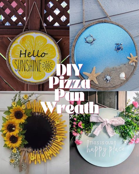 Genius DIY Pizza Pan Wreath Ideas - PinkPopDesign Pizza Pan Welcome Sign Diy, Pizza Pan Art, Pizza Pan Wreath Diy, Fall Pizza Pan Craft, Pizza Pan Door Hanger Diy, Pizza Pan Crafts Diy Dollar Tree, Diy Dollar Store Pizza Pan Crafts, Dollar Tree Pizza Pan Crafts, Pizza Pan Crafts