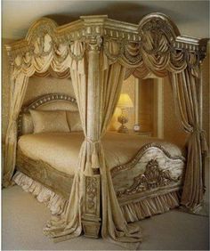 Fabulous Gold Colored Victorian Style Canopy Bed With Gold Curtain : Create an… Ethnic Bedroom, Dreams Beds, Versace Home, Elegant Bedroom, Canopy Bed, घर की सजावट, Bedroom Designs, Beautiful Bedding, Bed Styling