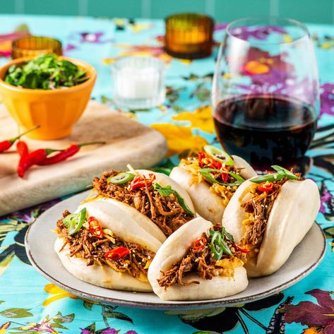 Asian Brisket Bao – DelicioUS! Asian Brisket, Beef Bao, Crunchy Coleslaw, Bao Buns, Steamed Buns, Green Onion, Light Lunch, Beef Brisket, Coleslaw