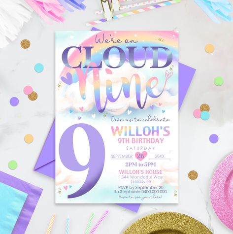 Cloud 9 Birthday Invitation Editable Cloud Nine Birthday - Etsy UK Cloud 9 Birthday Invitation, Cloud 9 Invitation, Cloud 9 Birthday Party, Cloud 9 Party, Cloud 9 Birthday, 9th Birthday Cake, Party Cake Table, Pool Birthday, 9th Birthday Parties