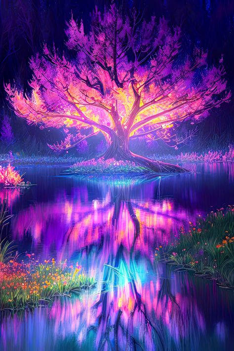 In the heart of a tranquil swamp, a mysterious tree emits a mesmerizing glow of purple and gold. Seated on a small island, this ethereal oasis casts an enchanting allure, weaving a tale of luminous enchantment amidst the serenity of the surrounding marshland. Simply Plural, Purple Poster, Glowing Flowers, Lilac Tree, Pretty Trees, Beautiful Landscape Photography, Purple Trees, Mystical Forest, Cute Love Wallpapers