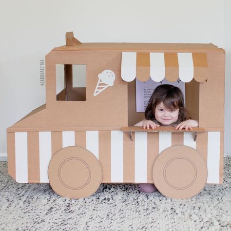 Diy Ice Cream Truck Cardboard Boxes, Ice Cream Truck Cardboard, Cardboard Ice Cream, Cartonnage Boxes, Toys Template, Cardboard Box Car, Diy Cardboard Toys, Cardboard Play, Cardboard Crafts Kids