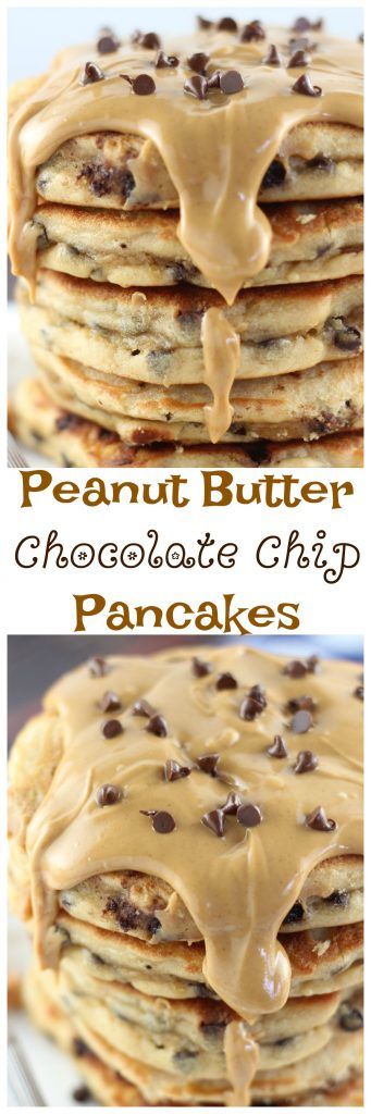 Peanut butter chocolate chip pancakes are an ooey gooey way to get your morning started off right. Make sure these are brunch menu for the weekend! Pancakes Flavors, Peanut Butter Chocolate Chip Pancakes, Easy Breakfast Treats, Food Pancakes, Breakfast Chocolate, Yummy Pancake Recipe, Peanut Butter Pancakes, Pancake Recipes, Chocolate Pancakes