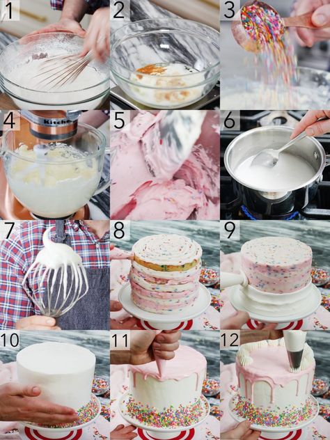 A photo collage showing how to make a Funfetti Cake Cake Preppy, Cakes To Bake, Tiki Cake, Buttercream Frosting Cake, Confetti Sprinkles, Preppy Kitchen, Italian Meringue, Koh Lanta, Cake Blog