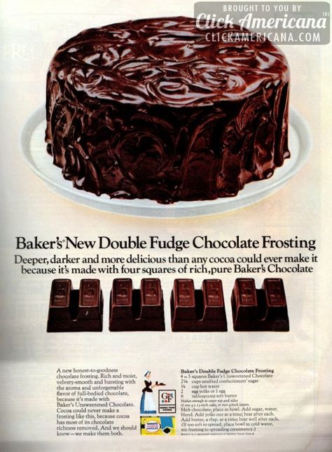 Baker’s new double fudge chocolate frosting (1966)  4 to 5 squares Baker’s unsweetened chocolate 2-1/4 cups unsifted confectioners’ sugar 1/4 cup hot water 2 egg yolks or 1 egg 6 tablespoons soft butter  Melt chocolate, place in bowl. Add sugar, water, blend. Add yolks one at a time, beat after each. Add butter, a tablespoon at a time; beat well after each. (If too soft to spread, place bowl in cold water, stir frosting to spreading consistency.) Fudge Chocolate, Chocolate Frosting Recipes, Bakers Chocolate, Fudge Frosting, Kraft Recipes, Unsweetened Chocolate, Chocolate Frosting, Savoury Cake, Chocolate Baking