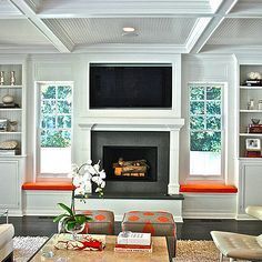 fireplace with built ins and windows on each side - Google Search Fireplace Between Windows, White Built Ins, Fireplace Windows, Fireplace Seating, Orange Rooms, Fireplace Built Ins, Contemporary Fireplace, Trendy Living Rooms, Home Fireplace