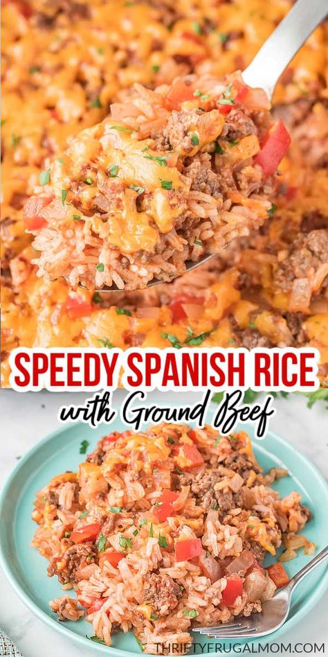 This main dish Spanish Rice with Ground Beef is quick and easy to make, budget friendly and made with simple ingredients. A great weeknight family dinner recipe! Spanish Rice Recipe With Ground Beef And Bacon, Spanish Rice Ground Beef, Ground Turkey Spanish Rice, Mexican Beef And Rice Recipes, Spanish Rice Recipe With Ground Beef Main Dishes, Ground Beef And Spanish Rice Recipes, Spanish Rice Recipe Easy Ground Beef, Rice A Roni Spanish Rice With Hamburger, Spanish Rice Casserole Recipes