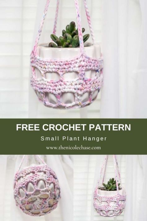 Free Plant Hanger Crochet Pattern - Great for Succulents Crocheted Plant Holders, Crochet Mini Plant Hanger, Crochet Plant Hanger Pattern Free, Crochet Greenery, Crochet Plant Hangers, Crochet Plant Holder, Nicole Chase, Plant Hanger Crochet, Crochet Planter