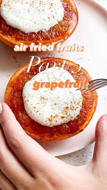 BAILEY | KELOWNA FOODIE on Instagram: "Air fried fruit part 5 - GRAPEFRUIT 🍊 (yes I know that’s an orange emoji but it’s the closest thing to) This one was giving me all the @rachaelsgoodeats vibes with her broiled grapefruit. Except this one is air fried and I added some brown sugar (optional though). INGREDIENTS - 1 grapefruit Coconut oil spray Brown sugar (optional or can add monk fruit brown sugar) Cinnamon Toppings of choice - I did Greek yogurt and more cinnamon. Coconut yogurt would a Orange Emoji, Fried Fruit, Broiled Grapefruit, Grapefruit Recipes, Coconut Oil Spray, Greek Yogurt Recipes, Monk Fruit, Coconut Yogurt, Greek Yogurt