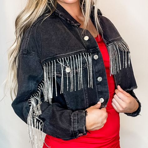 Nwt Destroyed Cropped Denim Jacket Rhinestone Fringe Detail Available In Washed Black Button Detail At Front 100% Cotton Denim Rhinestone, Rhinestone Fringe, Cropped Denim Jacket, Cropped Jacket, Cropped Denim, Black Button, Crop Jacket, Button Detail, Black Denim