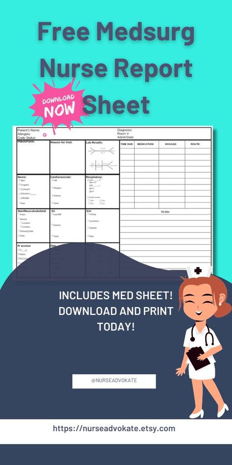 Get organized with this FREE MedSurg nurse report sheet! Perfect for nurses and nursing students, this printable sheet helps you track patient information, vital signs, medications, assessments, and more. Whether you’re in clinicals, on shift, or preparing for a patient handoff, this report sheet will help you stay efficient and focused. Download for free now and streamline your nursing workflow! #FreeNurseReport #MedSurgNurse #NursingStudentEssentials #PrintableReportSheet #NurseOrganization Medsurg Nurse, Nurse Organization, Nurse Report Sheet, Med Surg Nursing, Vital Signs, Get Organized, Nursing Students, Getting Organized, Assessment