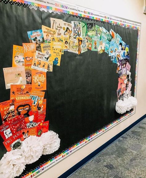 Book Bulletin Board, School Library Bulletin Boards, Rainbow Bulletin Boards, School Book Fair, School Library Decor, Elementary Bulletin Boards, Reading Display, Rainbow Library, School Library Displays