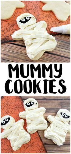 These easy DIY Homemade Halloween cookies taste like sugar cookies with a hint of pumpkin- and they are decorated like mummies! While they look super cute, they are easy to make and they’re one of my favorite Halloween recipes for kids. Homemade Halloween Cookies, Halloween Recipes For Kids, Halloween Dessert Recipes, Mummy Cookies, Spooky Halloween Desserts, Pasteles Halloween, Halloween Brownies, Halloween Food Desserts, Halloween Dessert