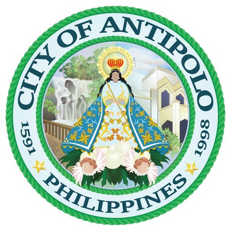 Official seal of Antipolo City, depicting the image of Our Lady of Peace and Good Voyage, with the Hinulugang Taktak and Antipolo Cathedral on the background.  Digital Artwork by Buboy Ranido  #AntipoloCity #OfficialSeal #HighResolutionLogo #Logo #LogoMaterial #heyiambuboyranido Antipolo Cathedral, Our Lady Of Peace, Antipolo City, Antipolo, Golden City, City Logo, Badge Design, Repair Manuals, Our Lady