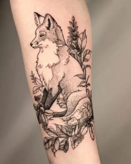 30+ Beautiful Fox Tattoo Ideas You Should Check Woodland Tattoos For Women, Autumn Fox Tattoo, Leaping Fox Tattoo, Forest Tattoos Sleeve, Deer And Fox Tattoo, Feminine Fox Tattoo, Fox Family Tattoo, Femininity Tattoo Ideas, Fox Forearm Tattoo