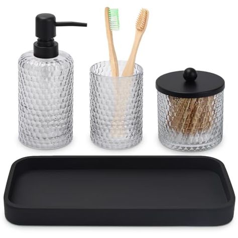 Bathroom Counter Tray Decor, Bathroom Tiered Tray Decor, Bathroom Countertop Decor, Glass Bathroom Accessories, Bathroom Vanity Tray, Vanity Organizer, Lotion Candles, Bathroom Accessories Set, Black Tray