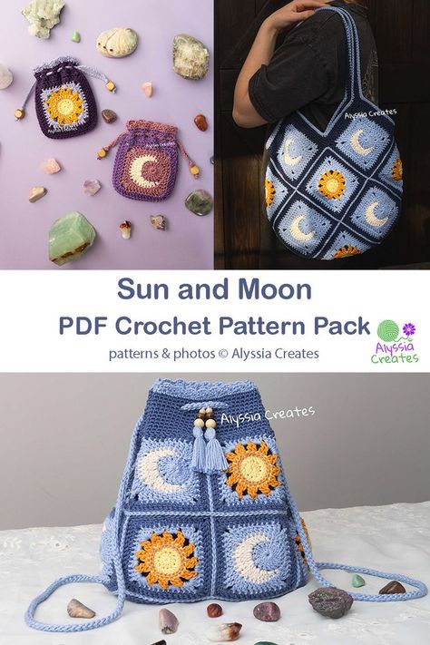 Crochet Sun And Moon, Sun And Moon Pattern, Crochet Sun, Mode Crochet, Crochet Design Pattern, Moon Pattern, Beginner Crochet Projects, Crochet Fashion Patterns, Crochet Square Patterns