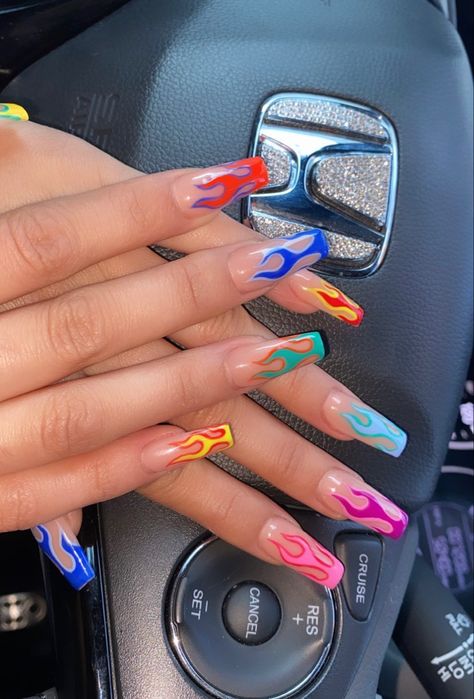 Colorful, flame, nails, acrylic, nail art, nail inspo, funky nails, colorful nails, nail ideas, nails designs Flame Nails Multicolor, Flame Nails Colorful, Summer Flame Nails, Flame Nails Chrome, Rainbow Flame Nails, Colorful Flame Nails, Red Flame Acrylic Nails, Yellow Flame Nails, Fire Design Nails