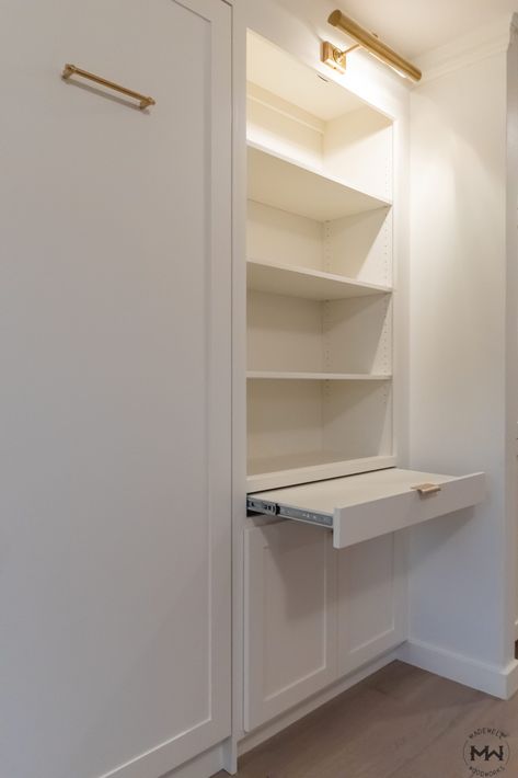 Madewell Woodworks | Vertical Queen Murphy Bed with custom fluting Desk And Floating Shelves, White Oak Desk, Murphy Bed Office, Murphy Desk, Murphy Bed Desk, Queen Murphy Bed, Modern Murphy Beds, Murphy Bed Diy, Office Guest Room