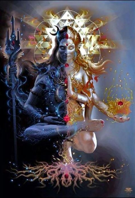 Ardhanareeswara represents Lord Shiva and Goddess Parvati as one. Ardhanareeswara literally means the half-man and half-woman form. Ardhnarishwar form of Shiva-Parvati symbolizes the equality of male and female as one. Half Shiva - Half Shakti ~ Balance भगवान शिव, Shiva Wallpaper, Shiva Shakti, God Shiva, Shiva Art, Indian Gods, 판타지 아트, Arte Horror, Hindu Art