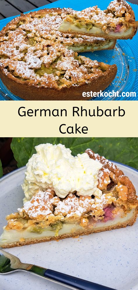 Learn how to make this easy to make, fruity, creamy, and delicious German rhubarb cake. #germancusine #cakesanddesserts #rhubarbcake #bakingwithrhubarb #rhubarbrecipes #grandmasrecipe #puddingcake Rhubarb Meringue Cake, German Rhubarb Streusel Cake, German Streusel Cake, German Rhubarb Cake, Rhubarb Tart Recipe, Rhubarb Pretzel Dessert, Rhubarb Recipes Cake, German Kuchen Recipes, Rhubarb Torte