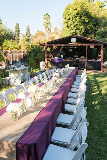 Purple And Burlap Wedding, Eggplant Tablecloth Wedding, Purple Backyard Party, Wedding Table Cloth Ideas, Table Cloth Ideas, Mugs Clay, Wedding Table Cloth, Purple Tablecloth, Dessert Wedding