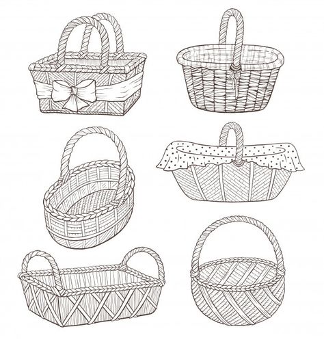 Hand drawn basket illustration | Premium Vector #Freepik #vector #hand #cartoon #vintage #hand-drawn Basket Illustration, Fish Basket, Basket Collection, Basket Drawing, Wreath Drawing, Flower Therapy, Basket Design, Fruit Art, Book Images