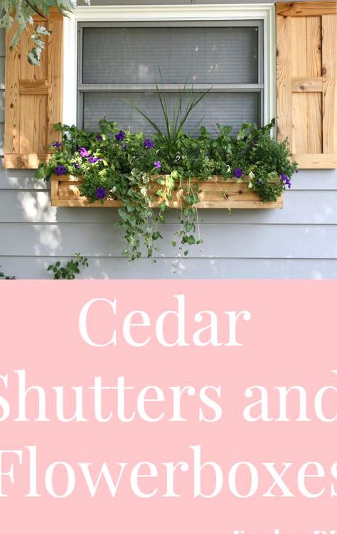 Window Boxes And Shutters, Window Boxes With Shutters, Cedar Shutters And Window Boxes, Add Shutters To House Before And After, Window Box With Shutters, Diy House Shutters, Add Shutters To House, Shed Shutters Diy, Shutters With Window Boxes