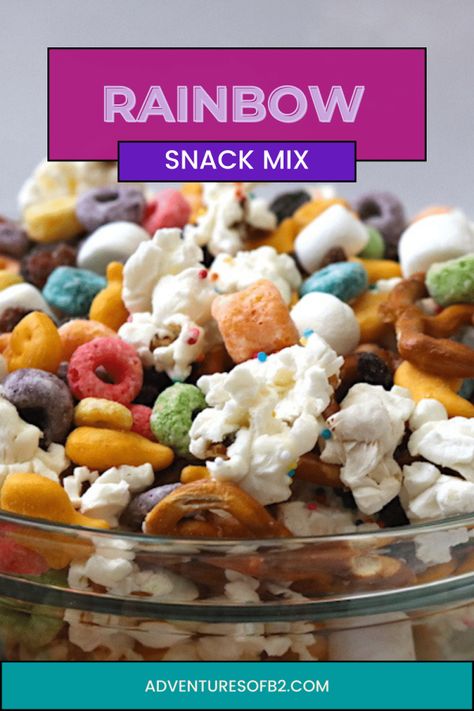 Rainbow Chex Mix Recipes, Rainbow Snack Board, Rainbow Food Tray, Fruit Loop Rainbow, Party Rainbow Chip Cake Mix Recipes, Rainbow Snacks, Fruit Garnish, Air Popped Popcorn, Goldfish Crackers