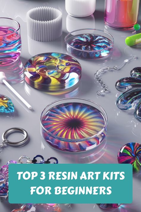 Colorful resin art kits with vibrant patterns on a gray surface, labeled "Top 3 Resin Art Kits for Beginners". Simple Resin Ideas, Types Of Resin, Resin Pouring Technique, Diy Resin Art For Beginners, Diy Resin Crafts For Beginners, Epoxy Resin Crafts Tutorials, Easy Resin Crafts For Beginners, Resin Ideas Projects, Uv Resin Ideas