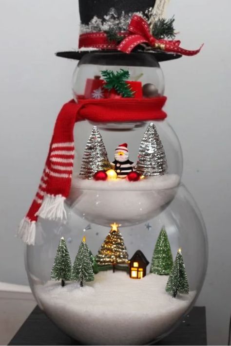 DIY Fishbowl Snowman - Party Wowzy Diy Fish Bowl Snowman, Dollar Tree Glass Bowl Snowman, Snowman Fishbowl Christmas, Snowman Fish Bowl Craft, Fish Bowl Snowman Dollar Stores, Snowman Globes Diy, Snowman Centerpiece Ideas Table, Adult Craft Party Ideas Christmas, Glass Bowl Christmas Decorations