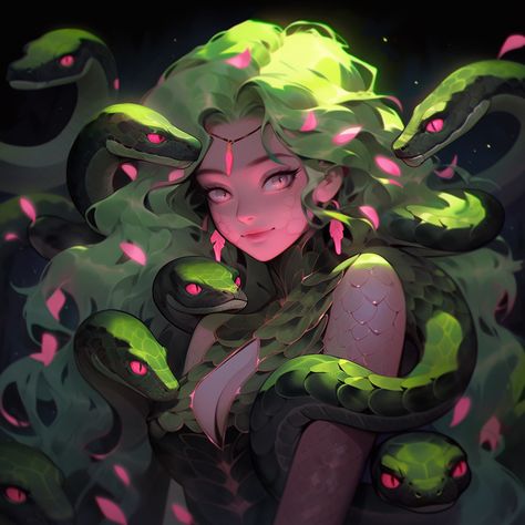 Anime style female Medusa with snakes for hair curling around her Medusa Pictures, Female Comic Characters, Fantasy Story Ideas, Medusa Gorgon, Medusa Art, Emo Art, Girly Art Illustrations, Greek Myths, Mystical Creatures