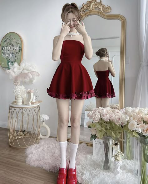 Coctail Dresses, Korean Casual Outfits, Dark Feminine Aesthetic, Korean Fashion Dress, Aesthetic Look, Fashion Attire, Red Outfit, Dressy Outfits, Stage Outfits