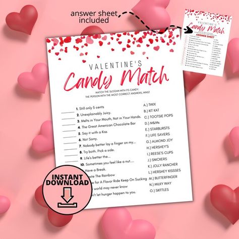 Valentines Day Activity, Printable Party Games, Valentine Party Game, Valentines Games, Valentinstag Party, Candy Match, Printable Christmas Games, Candy Games, Christmas Games For Family