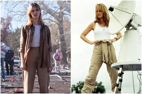 How 2024 'Twisters' Pays Homage to the 1996 'Twister' Movie Twisters Movie Outfits, Kate Twisters Outfits, Twister Movie Costume, Twisters Halloween Costume, Kate Carter Twisters Outfits, Twisters Outfit, Kate Cooper Twisters, Twisters Quotes, Kate From Twisters