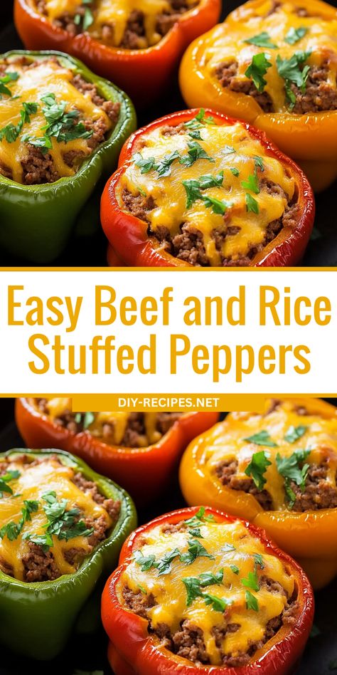 Try these easy beef and rice stuffed peppers for a hearty meal! Ground beef, rice, and veggies are stuffed into bell peppers and baked with melted cheddar cheese on top. Ground Beef Stuffed Peppers Healthy, Stuffed Pepper Dinner Ideas, Stuffed Bell Peppers Quinoa Beef, Ground Beef And Rice Stuffed Peppers, Stuffed Bell Peppers Stouffers Copycat, Stuff Green Peppers Ground Beef, Easy Stuffed Peppers Beef, Stuffed Red Peppers Ground Beef, Microwave Stuffed Bell Peppers