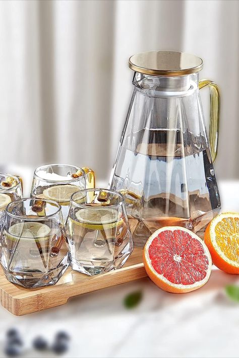 DUJUST Glass Carafe with Lid, 2 Litres, with 4 Cups, 1 Tray, Water Jug in Modern Black Diamond Design, Decoration for the Living Room, Glass Jug Heat Resistant Pitcher for Iced Tea/Milk/Coffee Iced Tea Maker, Iced Tea Pitcher, Fruit Infused Water, Pitcher Set, Tea Maker, Glass Jug, Glass Carafe, Water Pitcher, Ice Tea