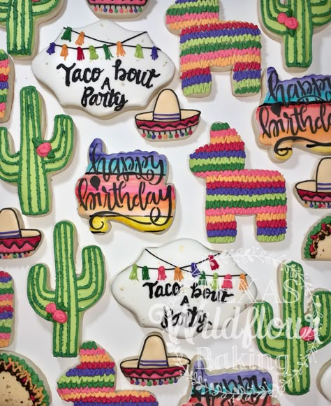 Fiesta cookies. Piñata. Taco. Happy birthday. Serape. Cactus. Sombrero. Texas Wildflour Baking Sombrero Cookies, Fiesta Cookies, Cactus Cookies, Retirement Party Decorations, Fiesta Theme Party, Llama Birthday, Cactus Party, Fiesta Theme, Fiesta Birthday