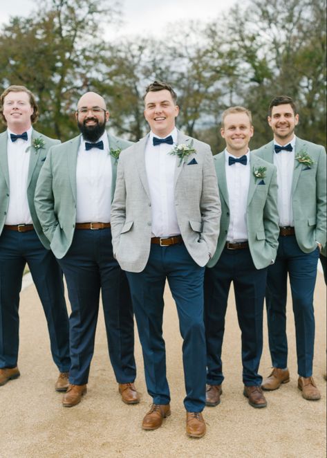 Green And Blue Groomsmen, Sage Suit Wedding, Green Chino Outfit Men, Wedding Pallettes, Light Navy Suit, Brown Groomsmen, Blue Groomsmen, Wedding Party Groomsmen, Groomsmen Ideas