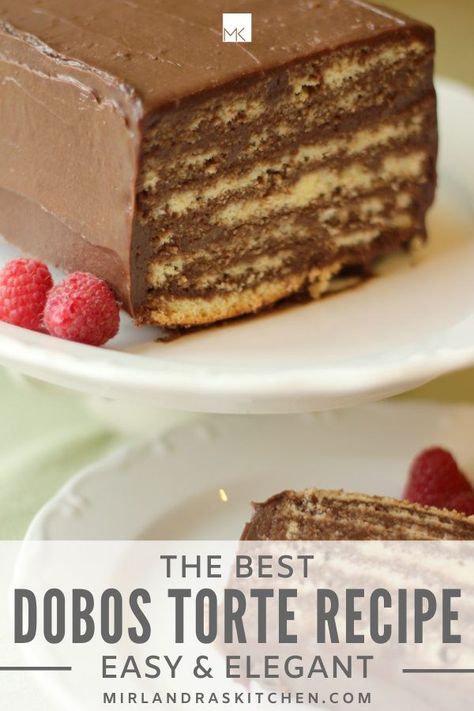 Have you ever made a real European chocolate torte? Dobos Torte is usually very complicated. This recipe simplifies the process leaving you with one of the most amazing chocolate cakes that exist! #chocolate #cake #dessert #fancy #europeandessert Dobos Torte Recipe, Dobos Torte, European Chocolate, Torte Recipe, Chocolate Torte, Torte Cake, Easy Summer Desserts, Chocolate Cakes, Summer Desserts