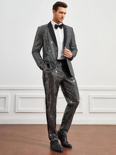 SHEIN Men 1pc Single Breasted Sequin Blazer | SHEIN USA Hollywood Theme Party Outfit, Prom Men Outfit, Guys Prom Outfit, Disco Chic, Gangster Outfit, Fashion Sketches Men, Prom Men, Party Dress Codes, Sequin Suit